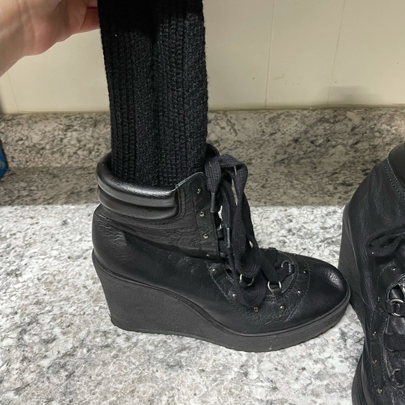 ZARA Lace Up Leather Wedge Stud Combat Boots - Picture 5 of 9